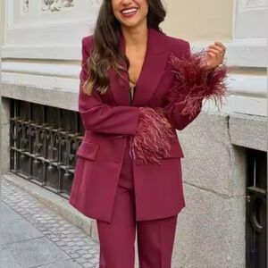 NEW $185 Calia Luxe Premium Burgundy Women's Suit with Feather Details